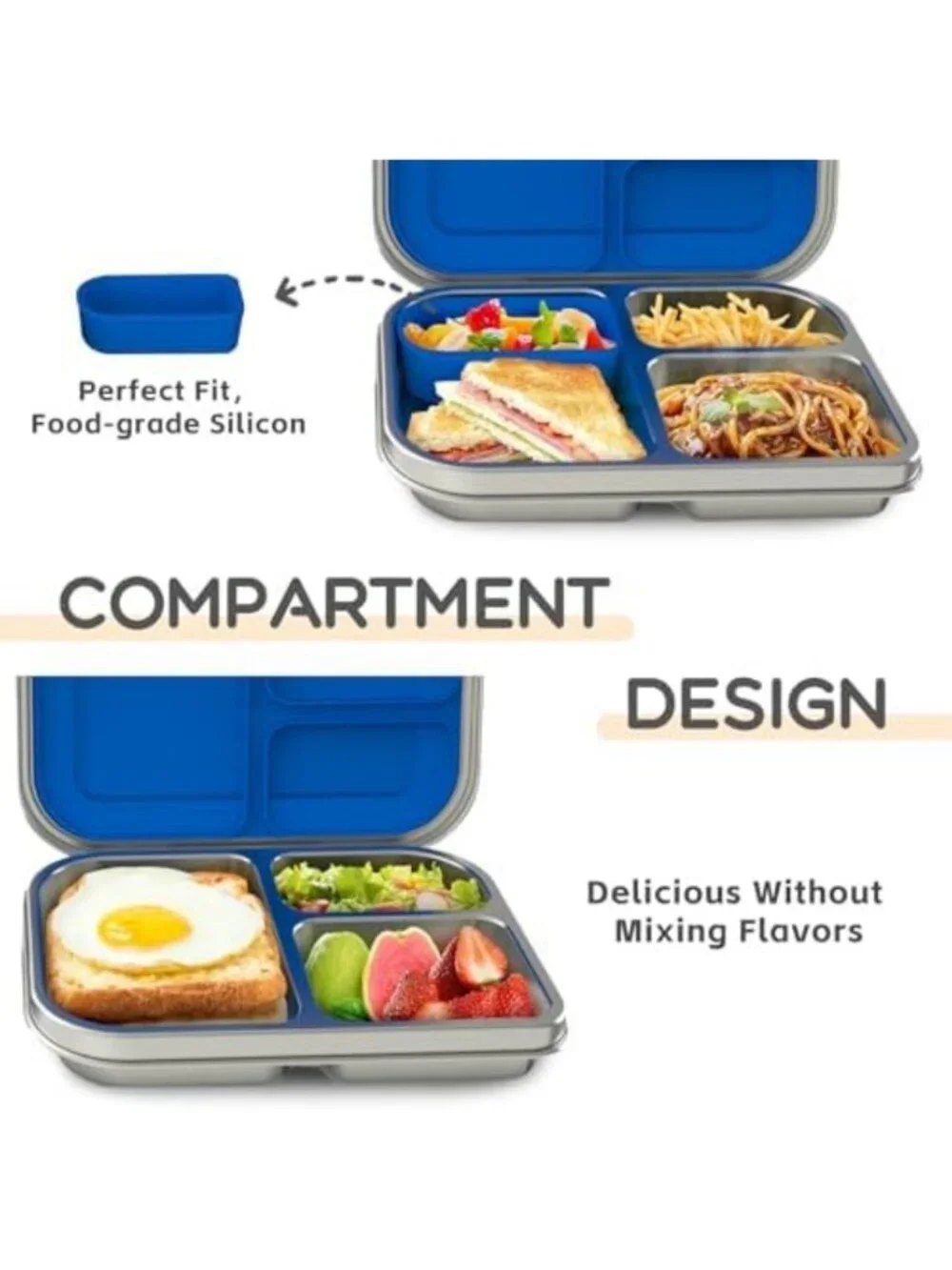 Leak-Resistant Stainless Steel Bento Lunch Box for Kids, 3 Compartments